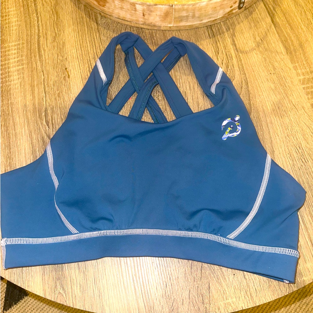 NWOT Peloton Blue with Purple and Yellow P Logo Sports Bra size Large